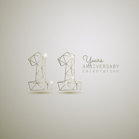 11 years anniversary logotype with gold wireframe low poly style. Vector Template Design Illustration.のイラスト素材