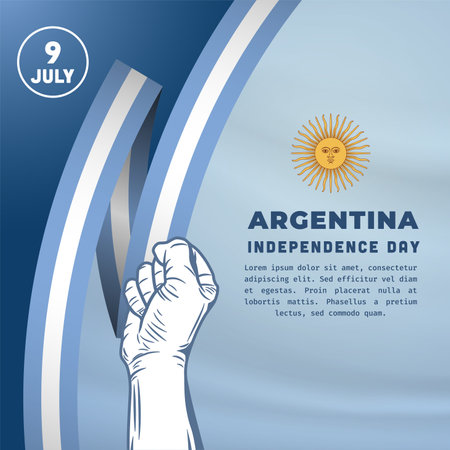 Square Banner illustration of Argentina independence day celebration. Waving flag and hands clenched. Vector illustration.のイラスト素材