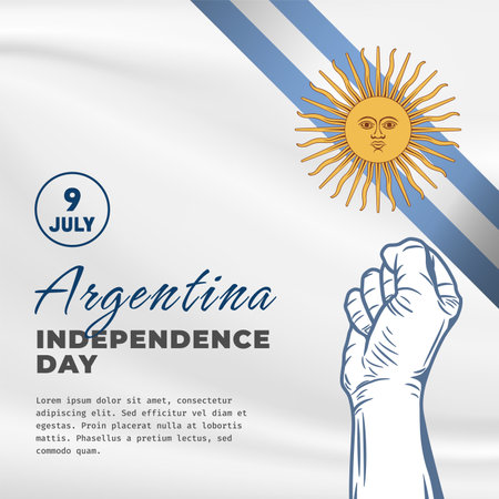 Square Banner illustration of Argentina independence day celebration. Waving flag and hands clenched. Vector illustration.のイラスト素材