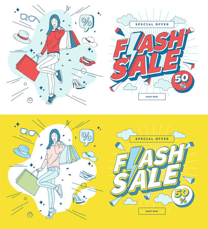 Mega Sale design banner. Shopping banner design template. Shopping woman banner concept with vector illustration flat style.のイラスト素材