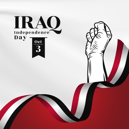 Square Banner illustration of Iraq independence day celebration with text space. Waving flag and hands clenched. Vector illustration.のイラスト素材