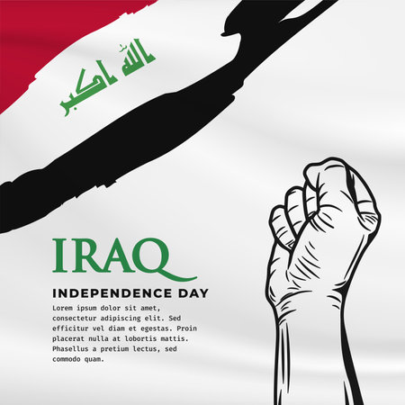 Square Banner illustration of Iraq independence day celebration with text space. Waving flag and hands clenched. Vector illustration.のイラスト素材