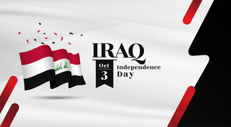 Banner illustration of Iraq independence day celebration with text space. Waving flag and hands clenched. Vector illustration.のイラスト素材