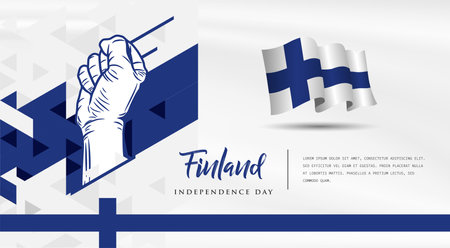 Banner illustration of Finland independence day celebration with text space. Waving flag and hands clenched. Vector illustration.のイラスト素材