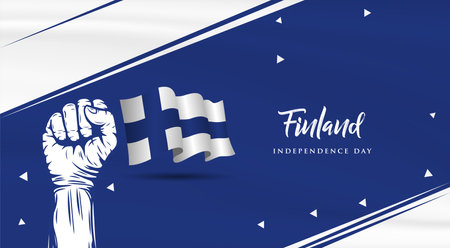 Banner illustration of Finland independence day celebration with text space. Waving flag and hands clenched. Vector illustration.のイラスト素材