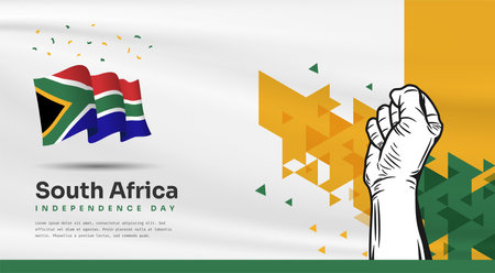 Banner illustration of South Africa independence day celebration with text space. Waving flag and hands clenched. Vector illustration.のイラスト素材