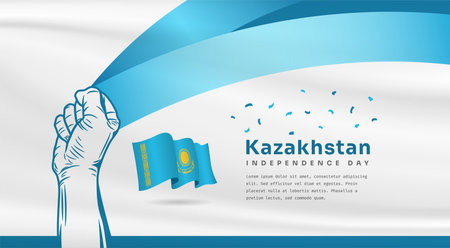 Banner illustration of Kazakhstan independence day celebration with text space. Waving flag and hands clenched. Vector illustration.のイラスト素材