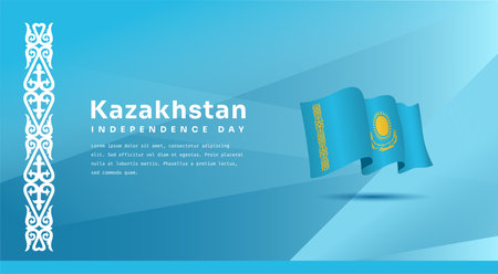 Banner illustration of Kazakhstan independence day celebration with text space. Waving flag and hands clenched. Vector illustration.のイラスト素材