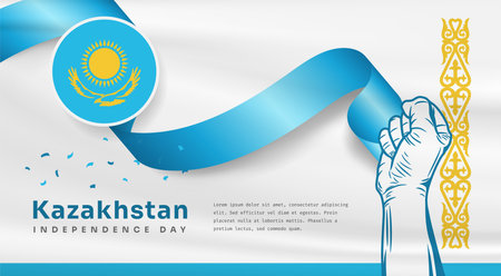 Banner illustration of Kazakhstan independence day celebration with text space. Waving flag and hands clenched. Vector illustration.のイラスト素材
