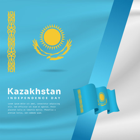 Square Banner illustration of Kazakhstan independence day celebration with text space. Waving flag and hands clenched. Vector illustration.のイラスト素材