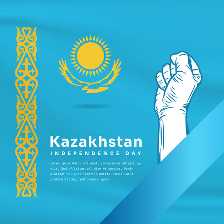 Square Banner illustration of Kazakhstan independence day celebration with text space. Waving flag and hands clenched. Vector illustration.のイラスト素材