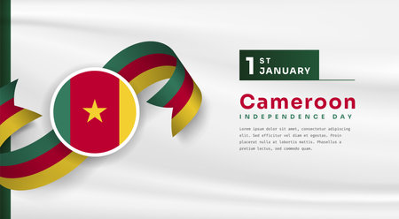 Banner illustration of Cameroon independence day celebration with text space. Waving flag and hands clenched. Vector illustration.のイラスト素材