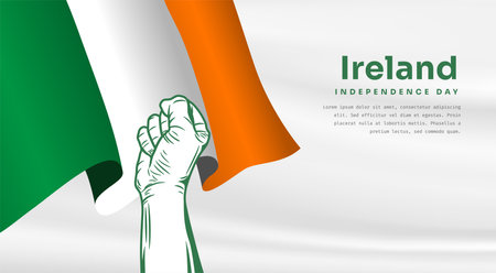 Banner illustration of Ireland independence day celebration with text space. Waving flag and hands clenched. Vector illustration.のイラスト素材