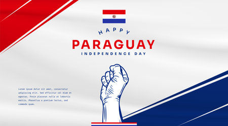 Banner illustration of Paraguay independence day celebration with text space. Waving flag and hands clenched. Vector illustration.のイラスト素材