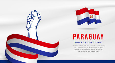 Banner illustration of Paraguay independence day celebration with text space. Waving flag and hands clenched. Vector illustration.のイラスト素材