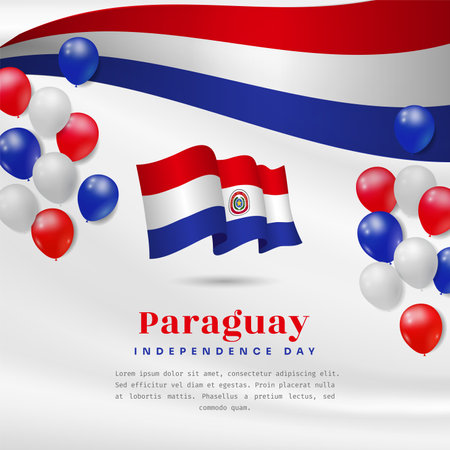Square Banner illustration of Paraguay independence day celebration with text space. Waving flag and hands clenched. Vector illustration.のイラスト素材
