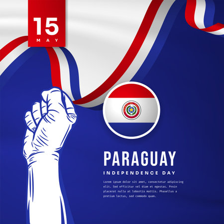 Square Banner illustration of Paraguay independence day celebration with text space. Waving flag and hands clenched. Vector illustration.のイラスト素材