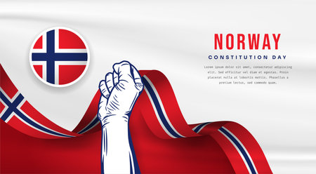 Banner illustration of Norway independence day celebration with text space. Waving flag and hands clenched. Vector illustration.のイラスト素材