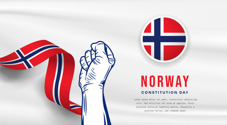 Banner illustration of Norway independence day celebration with text space. Waving flag and hands clenched. Vector illustration.のイラスト素材