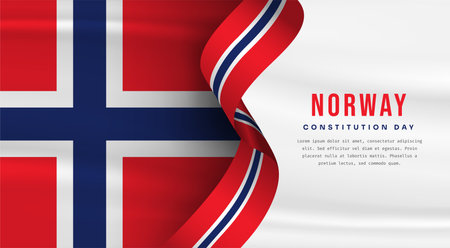 Banner illustration of Norway independence day celebration with text space. Waving flag and hands clenched. Vector illustration.のイラスト素材