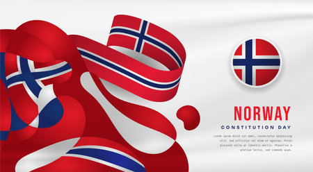 Banner illustration of Norway independence day celebration with text space. Waving flag and hands clenched. Vector illustration.のイラスト素材