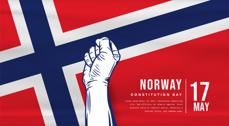 Banner illustration of Norway independence day celebration with text space. Waving flag and hands clenched. Vector illustration.のイラスト素材