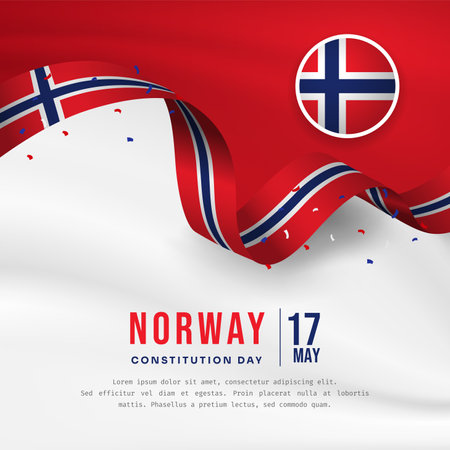 Square Banner illustration of Norway independence day celebration with text space. Waving flag and hands clenched. Vector illustration.のイラスト素材