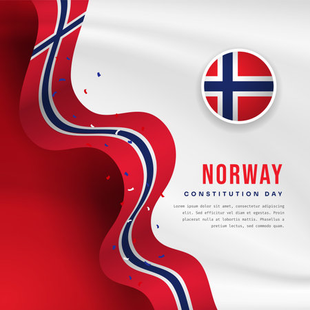 Square Banner illustration of Norway independence day celebration with text space. Waving flag and hands clenched. Vector illustration.のイラスト素材