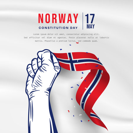 Square Banner illustration of Norway independence day celebration with text space. Waving flag and hands clenched. Vector illustration.のイラスト素材