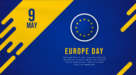 Banner illustration of Europe day celebration with text space. Waving flag and hands clenched. Vector illustration.のイラスト素材