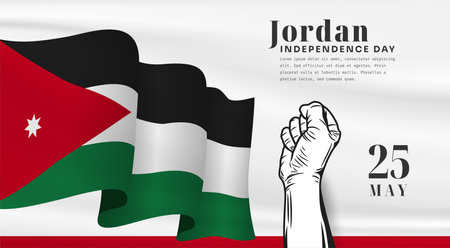 Banner illustration of Jordan independence day celebration with text space. Waving flag and hands clenched. Vector illustration.のイラスト素材