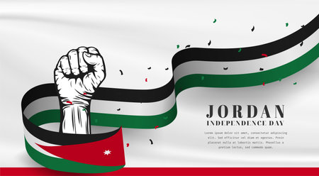 Banner illustration of Jordan independence day celebration with text space. Waving flag and hands clenched. Vector illustration.のイラスト素材