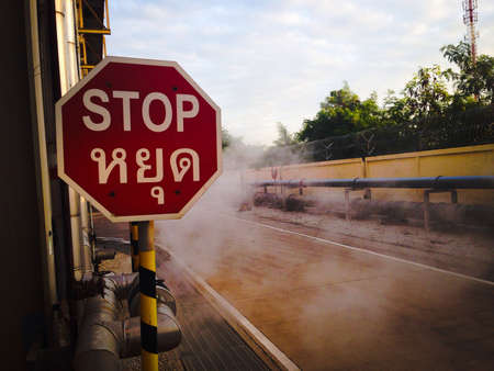 Stop sign beside the roadの素材