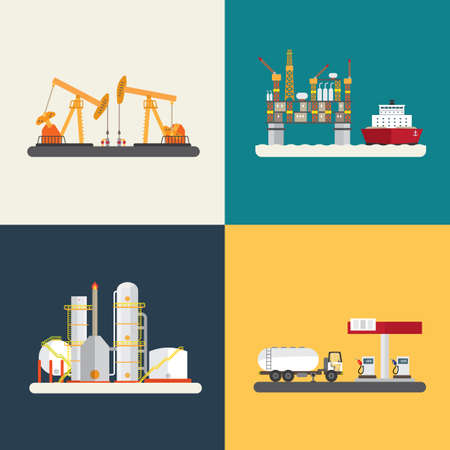oil industry, oil rig, refinery, off shore and gas stationのイラスト素材