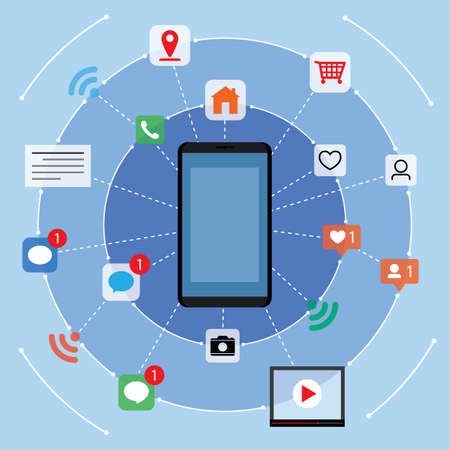 phone application graphic with icon chat, function, like, followのイラスト素材