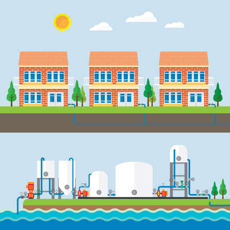 water treatment plant and water supply in pipe underground systemのイラスト素材