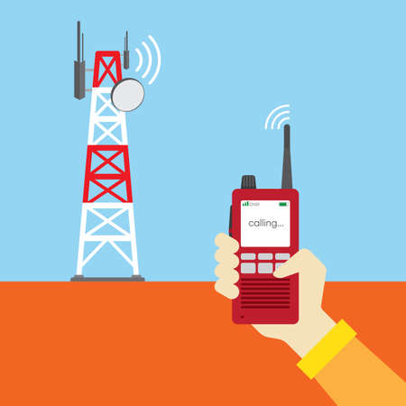 hand holding walky talky with radio tower as backgroundのイラスト素材