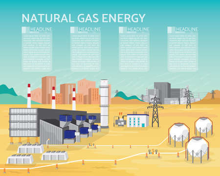 Gas energy with gas turbine generate the electric supply to the city and industrial in simple graphicのイラスト素材