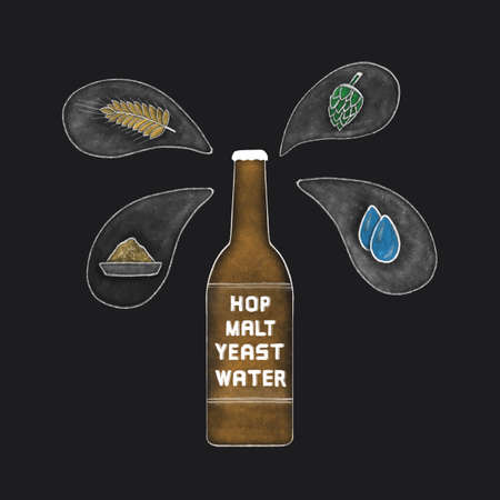 beer bottle with water, malts, hops and yeast iconのイラスト素材