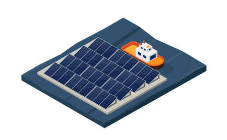 solar cell energy, solar cell floating power plant in isometric graphic