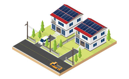 solar cell energy, house use solar cell roof top in isometric graphicのイラスト素材