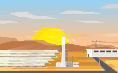 solar thermal energy, solar thermal power plant with sunset graphicのイラスト素材