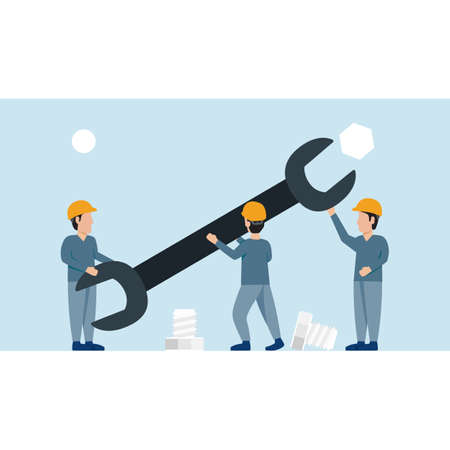 the staff working by use the wrench tighten the nutのイラスト素材