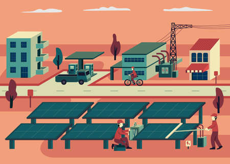solar cell energy, solar cell power plant, the technician working  maintenance solar cell panel