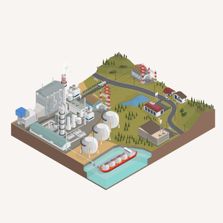 Gas combine cycle power plant, the natural gas energy, natural gas seperaion plant with isometric graphicのイラスト素材