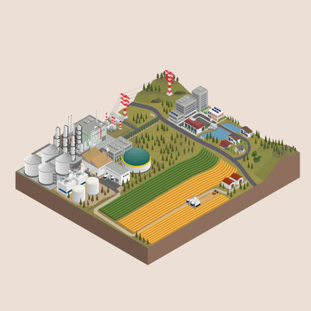 biofuel energy, biofuel power plant in isometric graphicのイラスト素材
