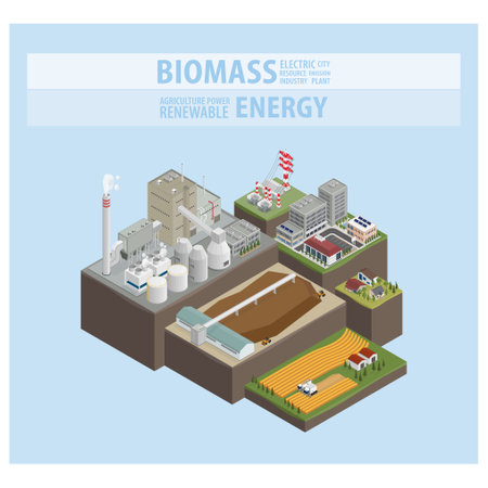 biomass energy, biomass power plant in isometric graphicのイラスト素材