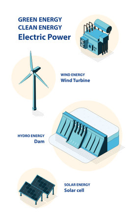 clean energy, green energy with hydro, solar cell and wind turbine with isometric graphicのイラスト素材