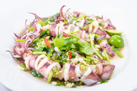 spicy squid steamed with lemon on the white dishの写真素材