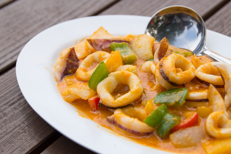 Close up Fried squid with salted egg on the white plate (selective focus)